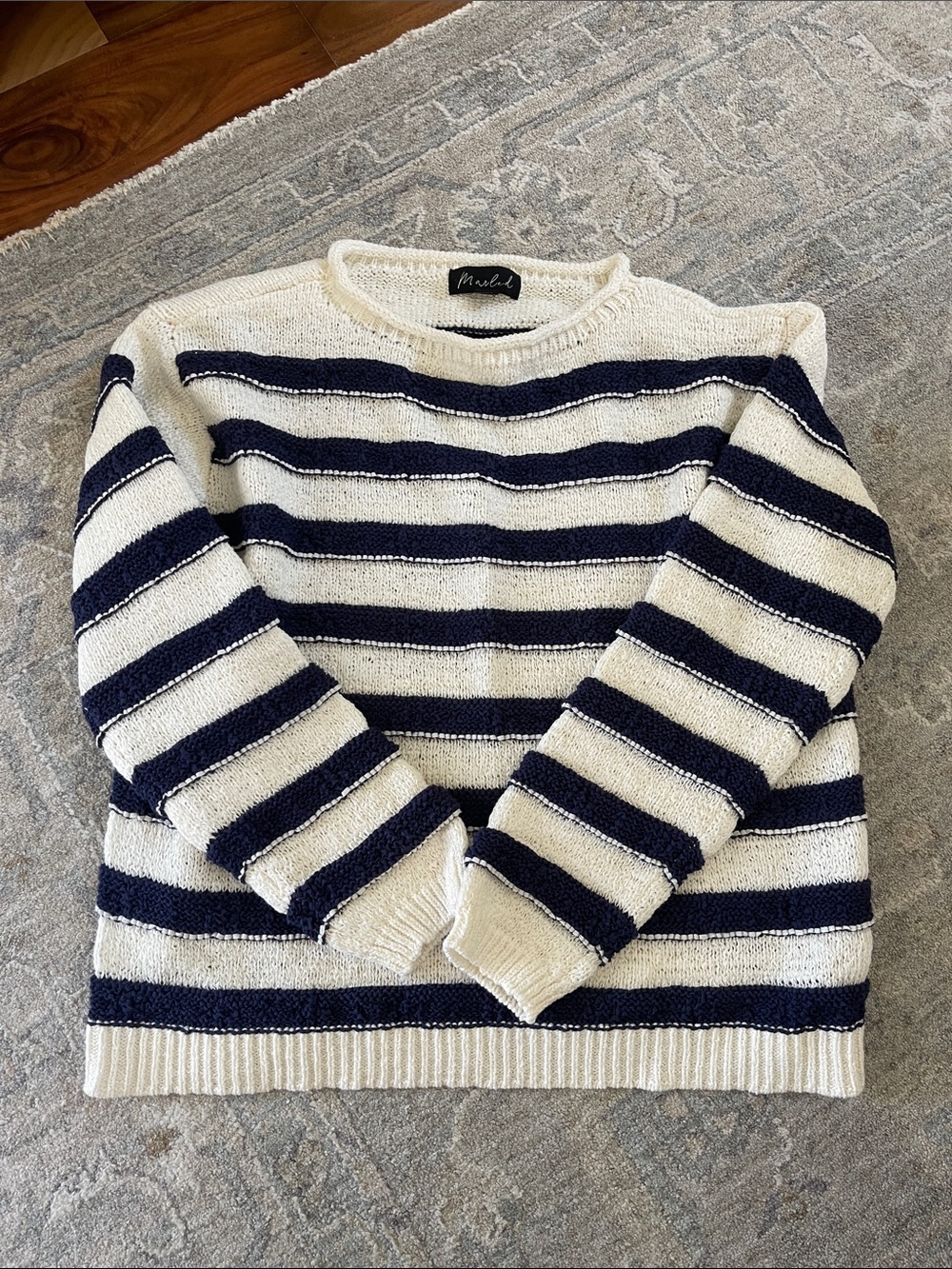 Navy and Cream Striped Crewneck Sweater